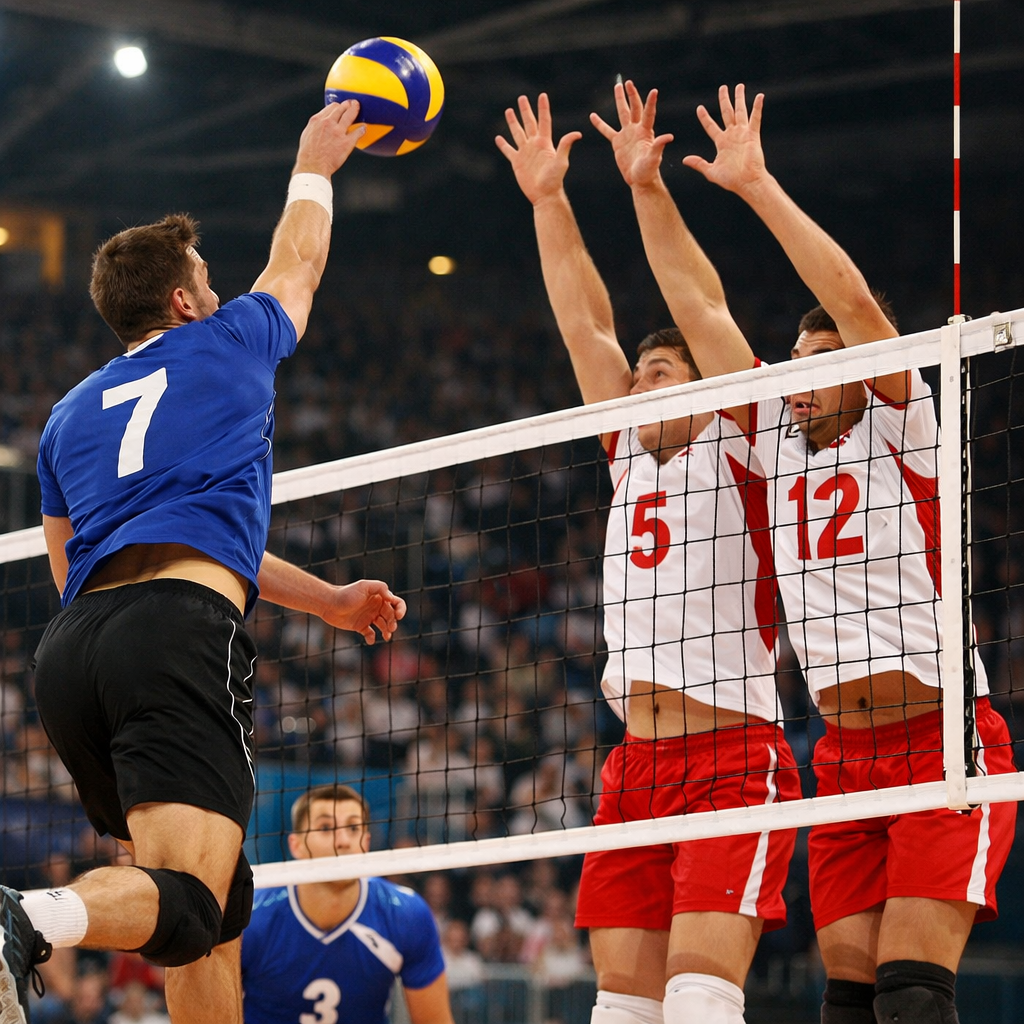 Volleyball player in blue jersey spiking ball against two blockers in white and red jerseys