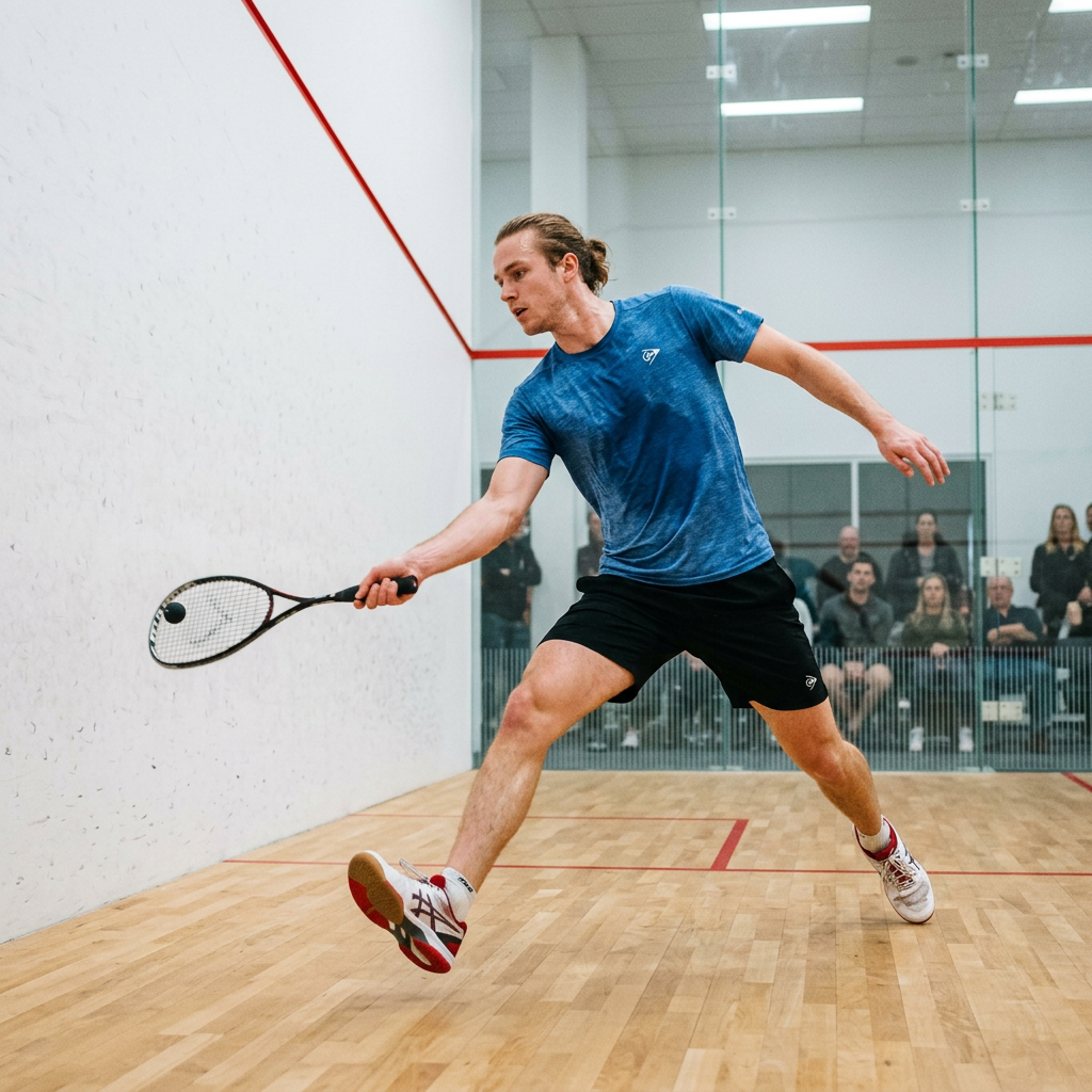 Squash player lunging forward hitting ball with racquet on indoor court