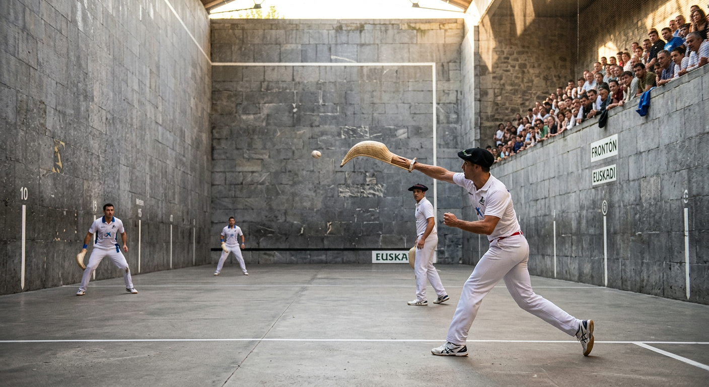 Four players in white uniforms playing Basque pelota in a fronton court with a large crowd watching